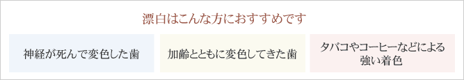 漂白はこんな方におすすめです！・神経が死んで変色した歯・加齢とともに変色してきた歯・タバコやコーヒーなどによる強い着色